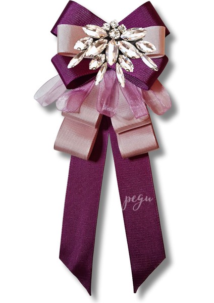 Shine Seri Mürdüm Grogren Kurdele Dantelli Taşlı Yaka Çiçeği