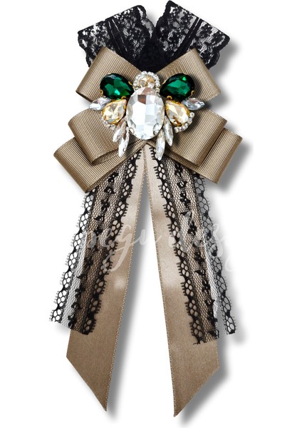 Shine Seri Kahve Ekru Yeşil Grogren Kurdele Kurdele Taşlı Yaka Çiçeği