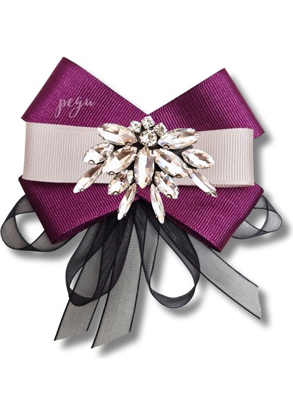 Shine Seri Mürdüm Grogren Kurdele Dantelli Taşlı Yaka Çiçeği