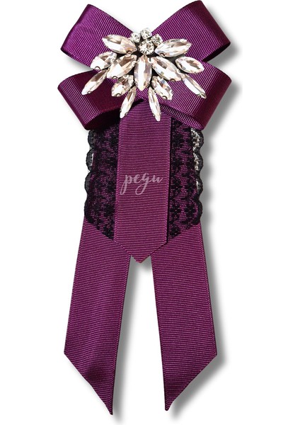 Shine Seri Mürdüm Grogren Kurdele Dantelli Taşlı Yaka Çiçeği