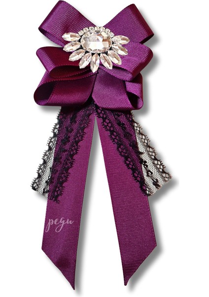 Shine Seri Mürdüm Grogren Kurdele Dantelli Taşlı Yaka Çiçeği