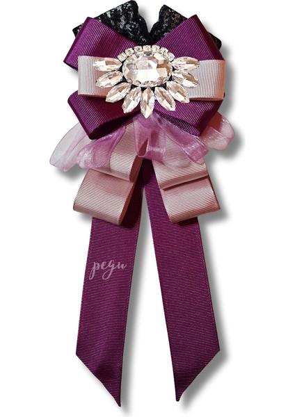 Shine Seri Mürdüm Grogren Kurdele Dantelli Taşlı Yaka Çiçeği