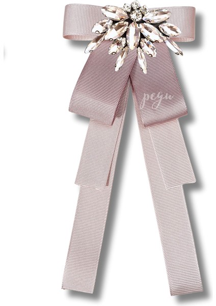 Shine Seri Pudra Ekru Grogren Kurdele Taşlı Yaka Çiçeği