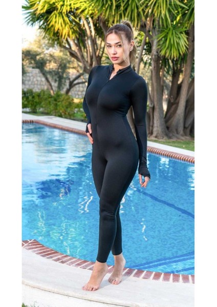 Kadın Siyah Uzun Kollu, Esnek ve Nefes Alabilir Kumaş Performans Tulumu – Spor ve Günlük Kullanıma Uygun