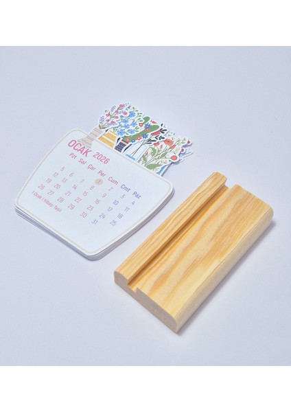 Çiçekli Masaüstü Takvimi, Ahşap Standlı 2026 Yılı Takvim 9X11 cm