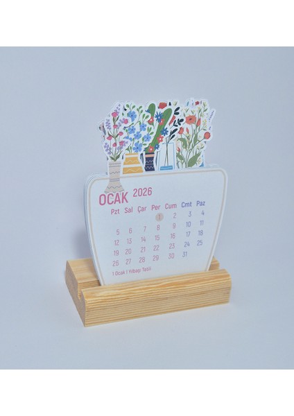 Çiçekli Masaüstü Takvimi, Ahşap Standlı 2026 Yılı Takvim 9X11 cm fiyatları