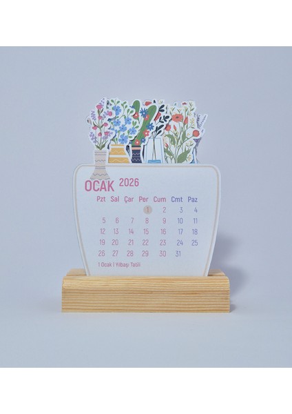 Çiçekli Masaüstü Takvimi, Ahşap Standlı 2026 Yılı Takvim 9X11 cm modelleri