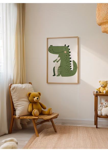 Green Dino - Doğal Ahşap Çerçeveli Tablo - Sevimli Çocuk Posteri fiyatları