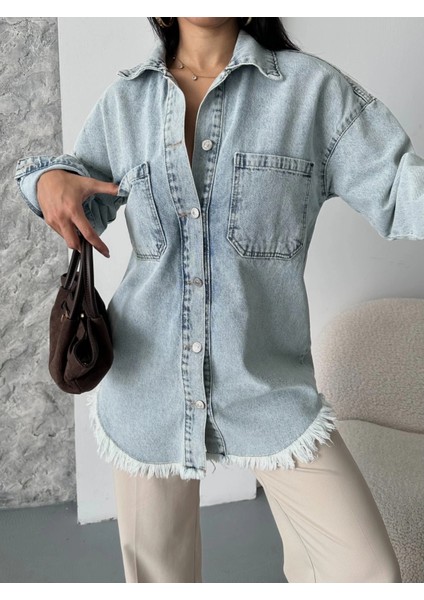 Cepli Püsküllü Kar Yıkama Kot Ceket Mavi D2515