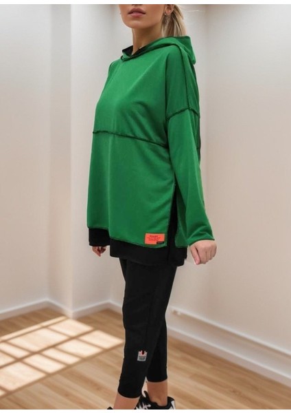 Kadın Yeşil Kapşonlu Etek Ucu Detay Arma Ters Dikiş Gorunumlu Ikili Takım