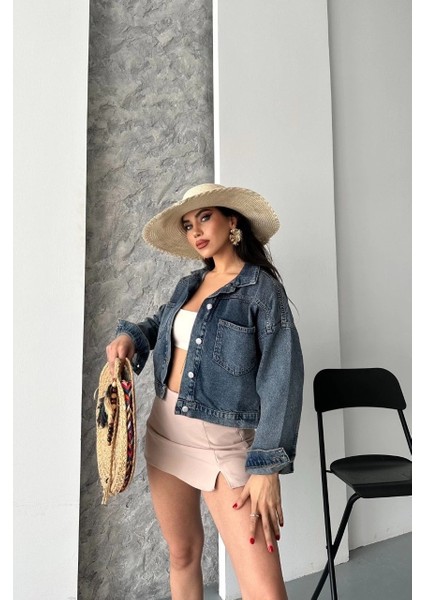 Çift Cepli Kol Katlamalı Kar Yıkama Crop Kot Ceket Kahve Tint D2000 modelleri