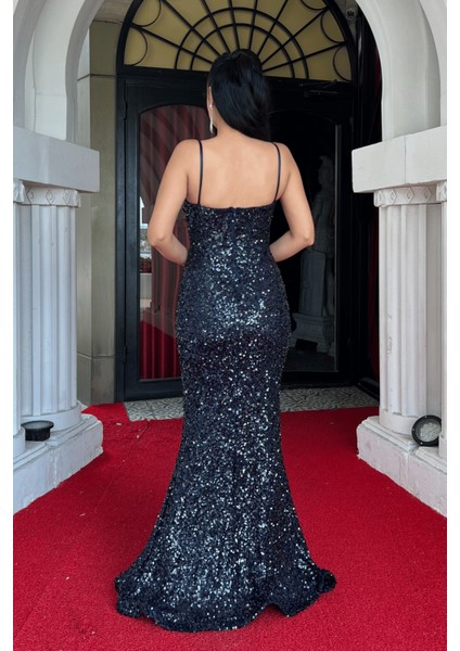 Pul Payet Kumaş Degaje Yaka Askılı Abiye Elbise - Lacivert indirimleri