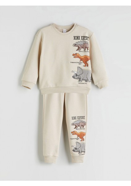 Lcw Kids Bej Dinazor Baskılı Erkek Çocuk Sweatshirt ve Eşofman Alt 2'li