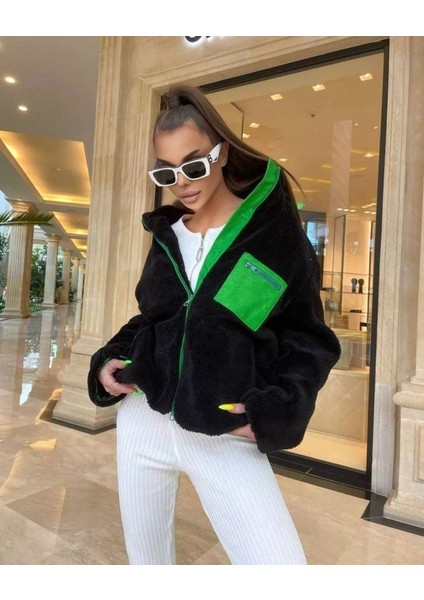Kadın Uzun Kollu Renkli Cep ve Fermuar Detay Peluş Mont fiyatları