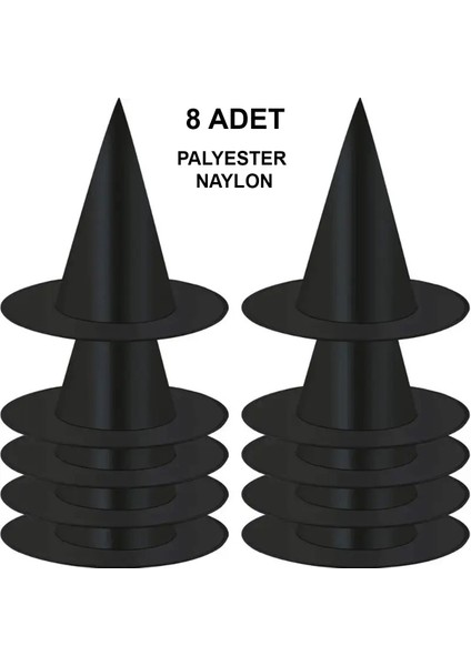 8 Adet Siyah Cadı Şapkası – Yetişkin &amp; Çocuk Kostüm Aksesuarı