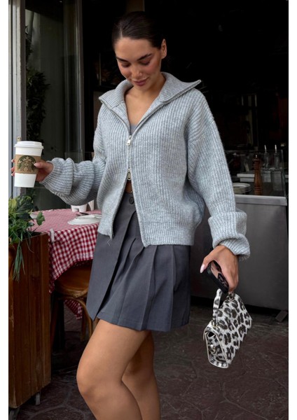 Açık Gri Çift Fermuarlı Kadın Triko Hırka MG2532 fırsatları