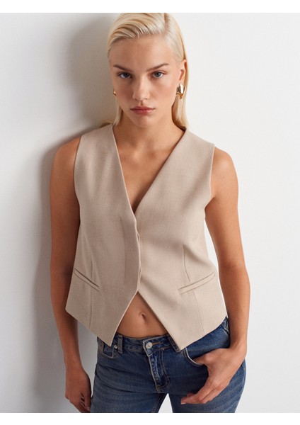 60595 V Yaka Gizli Düğmeli Yelek-Taş