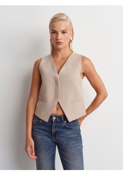 60595 V Yaka Gizli Düğmeli Yelek-Taş modelleri