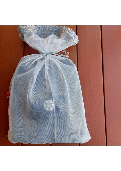 Şık Inci ve Taş Detaylı Siyah Kurdele Süslemeli Hediyelik Gri El Havlusu