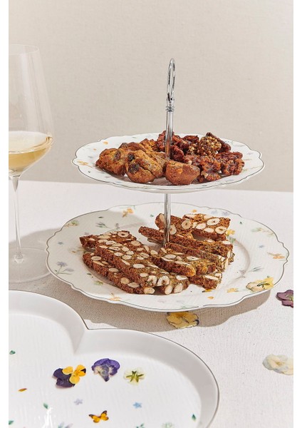 Petite Fleur Porselen Kek Tabağı 2 Katlı Sarı / Beyaz