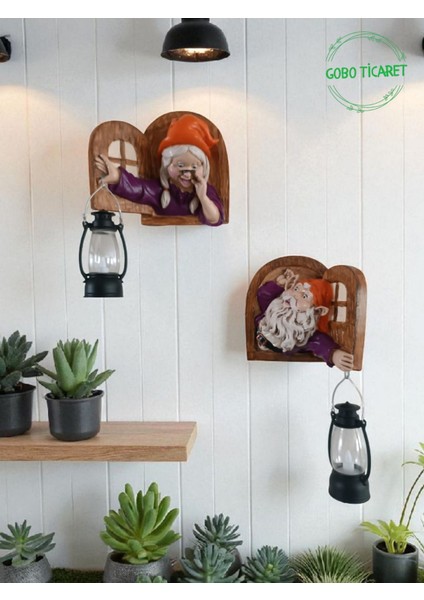 Fenerli Dekoratif Cüce Figürlü Dede ve Nine 2li Set Duvar ve Kapı Lambası–led Işıklı (Renk Seçeneği)