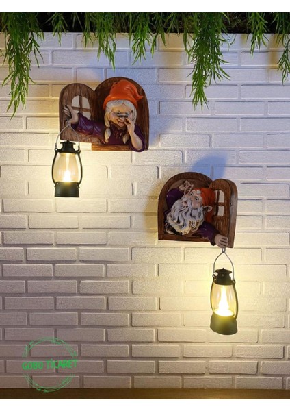 Fenerli Dekoratif Cüce Figürlü Dede ve Nine 2li Set Duvar ve Kapı Lambası–led Işıklı (Renk Seçeneği) fırsatları