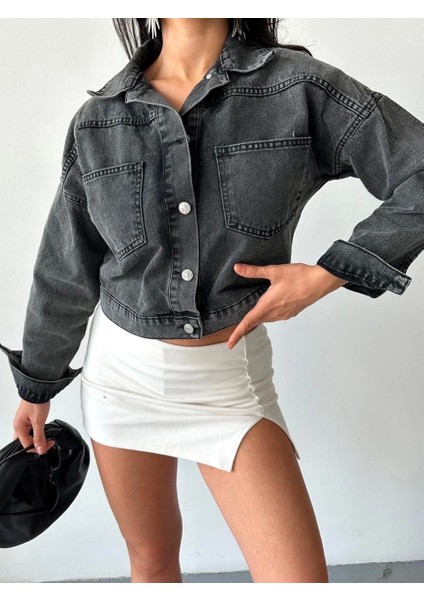 Çift Cepli Kol Katlamalı Süper Taş Enzim Yıkama Crop Kot Ceket Füme D2000 indirimleri