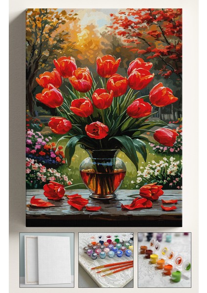 Sayılarla Boyama Çerçeveli Hobi Seti Numaralı Tuval Fırça Boya Dahil Kasnaklı 40X50 cm Kırmızılaleler