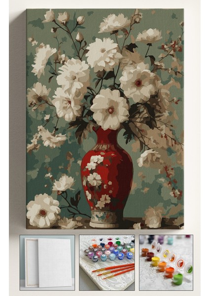 Sayılarla Boyama Çerçeveli Hobi Seti Numaralı Tuval Fırça Boya Dahil Kasnaklı 40X50 cm Kırmızı Vazo