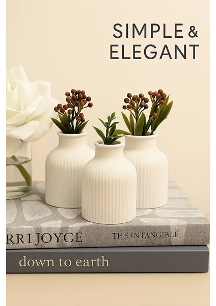 3’lü Mini Beton Iskandinav Vazo Seti – Mat Beyaz, Modern Bohem Hediyelik Masa Dekoru