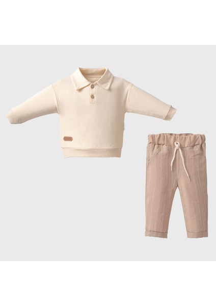 Yaka Düğmeli Erkek Bebek Keten Pantolonlu Takım - Kahve