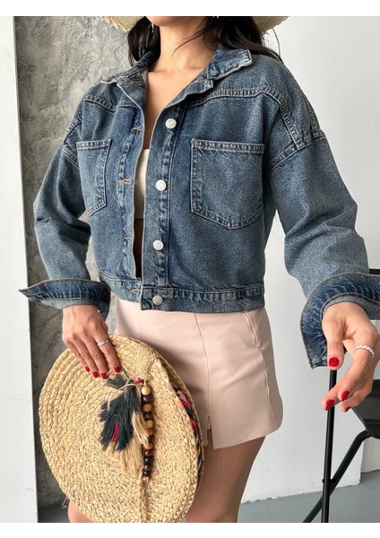 Çift Cepli Kol Katlamalı Kar Yıkama Crop Kot Ceket Kahve Tint D2000