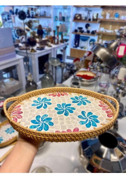Mavi Çiçek Desen Oval Rattan Tepsi 33X24CM