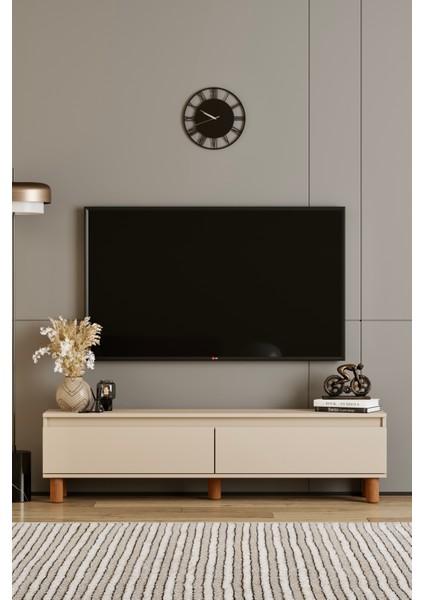 Mila Bej Mdf 140 cm Tv Ünitesi-Raflı,kapaklı,ayaklı