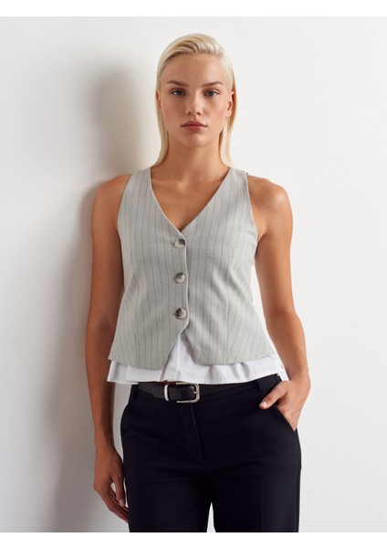 60593 Çizgili Kombine Yelek-Gri