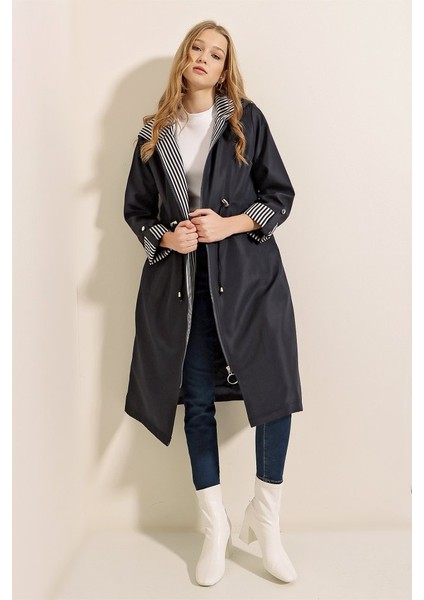 9091 Beli Büzgülü Kapşonlu Trençkot - Lacivert indirimleri