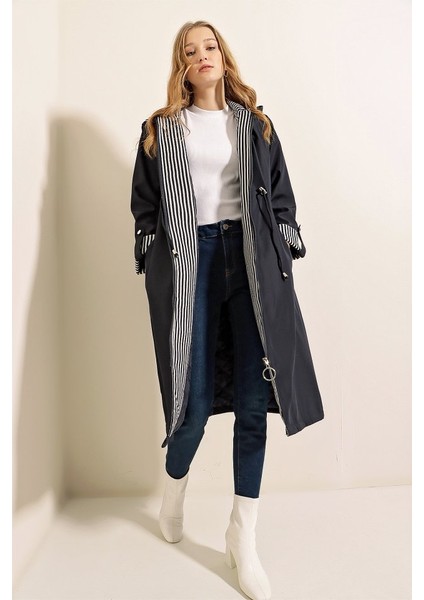 9091 Beli Büzgülü Kapşonlu Trençkot - Lacivert