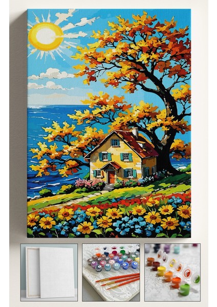 Sayılarla Boyama Çerçeveli Hobi Seti Numaralı Tuval Fırça Boya Dahil Kasnaklı 40X50 cm Güneşveev