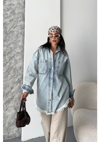 Cepli Püsküllü Kar Yıkama Kot Ceket Mavi D2515 modelleri