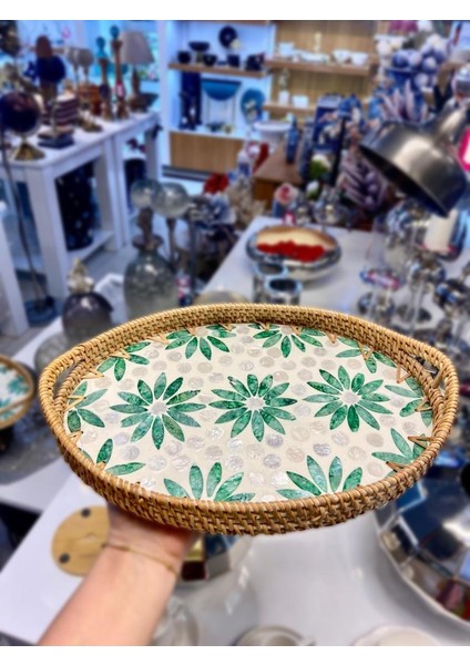Yeşil Çiçek Desen Oval Rattan Tepsi 30X20CM