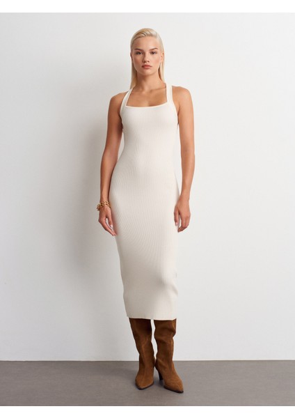 90253 Halter Yaka Fitilli Triko Elbise-Ekru