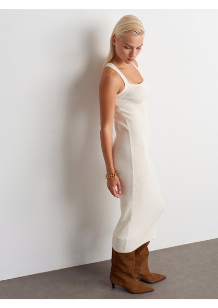 90253 Halter Yaka Fitilli Triko Elbise-Ekru modelleri