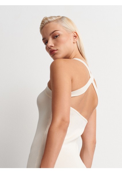 90253 Halter Yaka Fitilli Triko Elbise-Ekru indirimleri