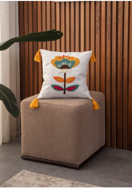 Tekli Premium Punch Işlemeli Nakışlı Dal Çiçek Temalı Kırlent Kılıfı