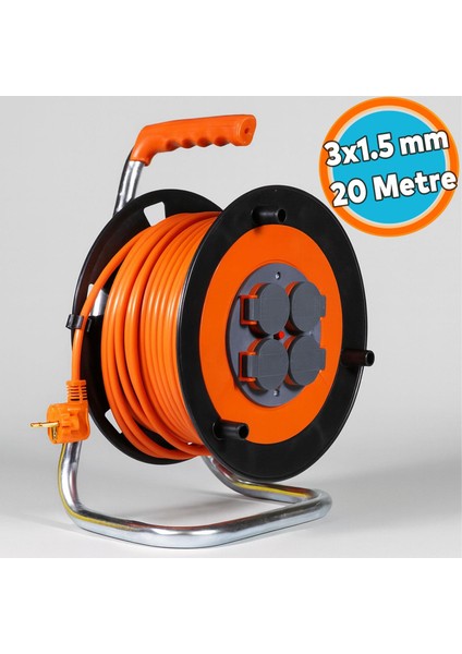 Seyyar Makaralı Uzatma Kablosu Kapaklı Termal Sigortalı Cca 20 Metre 3x1.5 mm