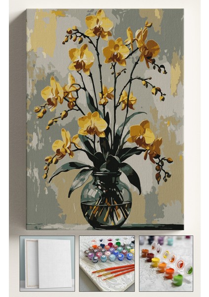 Sayılarla Boyama Çerçeveli Hobi Seti Numaralı Tuval Fırça Boya Dahil Kasnaklı 40X50 cm Sarıorkide