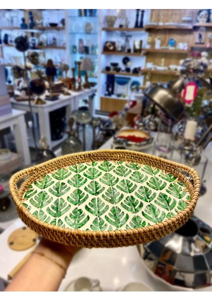 Yeşil Yaprak Desen Oval Rattan Tepsi 33X24CM
