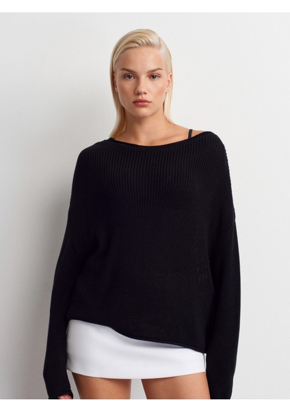 10804 Kayık Yaka Basic Triko Kazak-Siyah