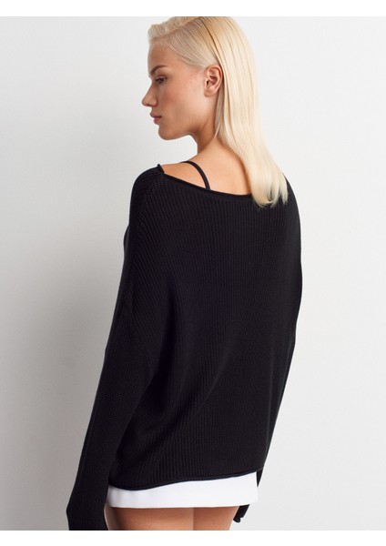 10804 Kayık Yaka Basic Triko Kazak-Siyah fiyatları