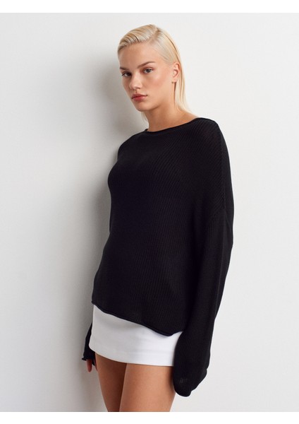 10804 Kayık Yaka Basic Triko Kazak-Siyah modelleri